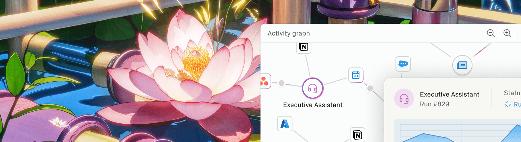 A visual of the Retool agents activity graph, showing agents connected to tool nodes with lines.