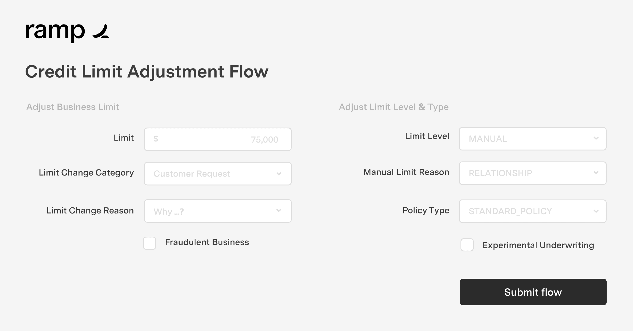 A screenshot of Ramp's Retool app for adjusting a customer credit limit